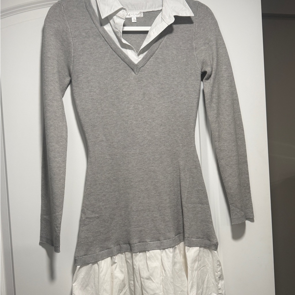 Gray V-Neck Sweater Dress with White Layer